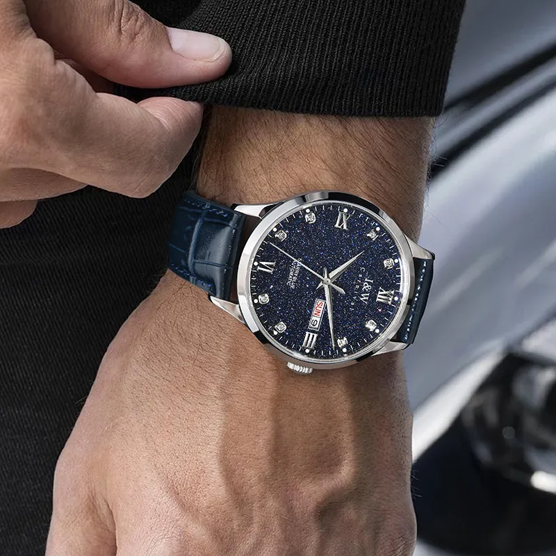 I&W CARNIVAL HWGUOJI Automatic Mechanical Movement Cowhide Strap Watch Men's Watches Blue Dial-2