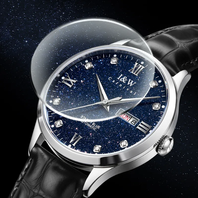 I&W CARNIVAL HWGUOJI Automatic Mechanical Movement Cowhide Strap Watch Men's Watches Blue Dial-12