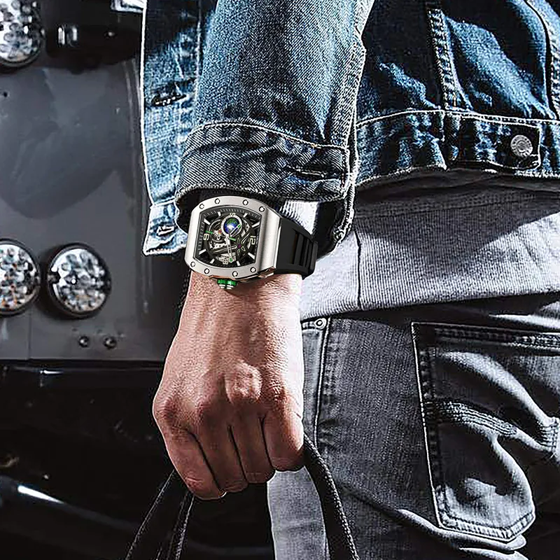 I&W CARNIVAL HWGUOJI Green Planet Automatic Mechanical Movement Rubber Strap Watch Men's Watches Black Dial-2