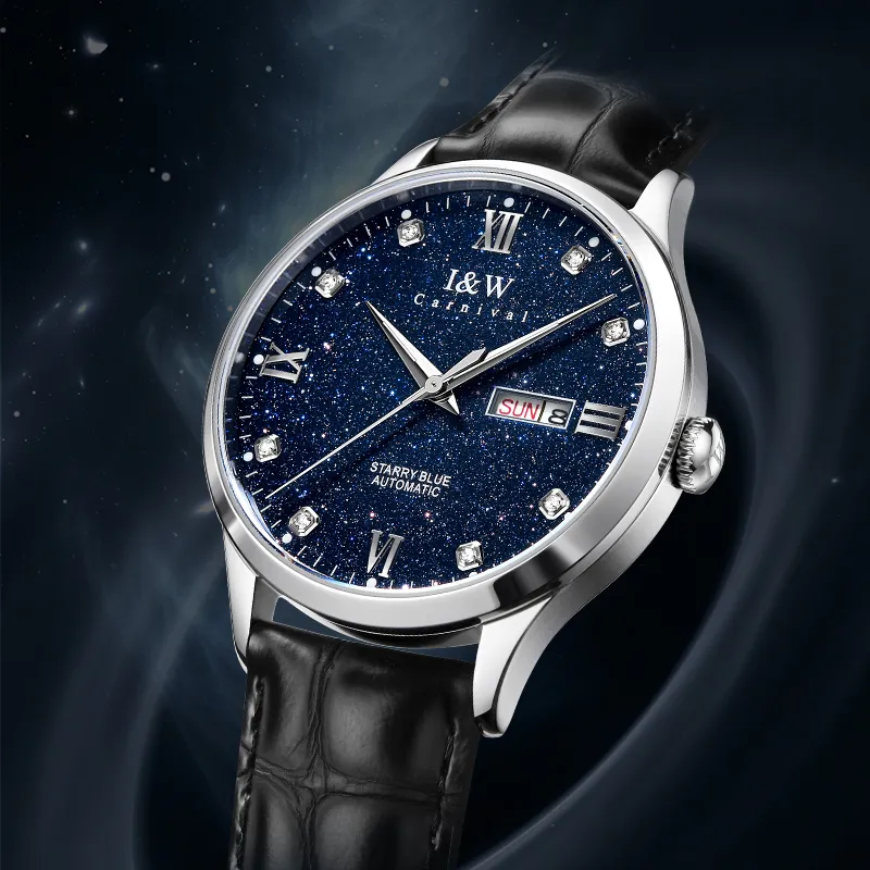 I&W CARNIVAL HWGUOJI Automatic Mechanical Movement Cowhide Strap Watch Men's Watches Blue Dial-10