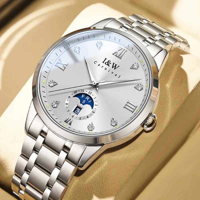 I&W CARNIVAL HWGUOJI Automatic Mechanical Movement Stainless Steel Strap Watch Men's Watches White Dial-2