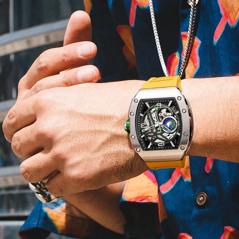 I&W CARNIVAL HWGUOJI Green Planet Automatic Mechanical Movement Rubber Strap Watch Men's Watches Black Dial-11