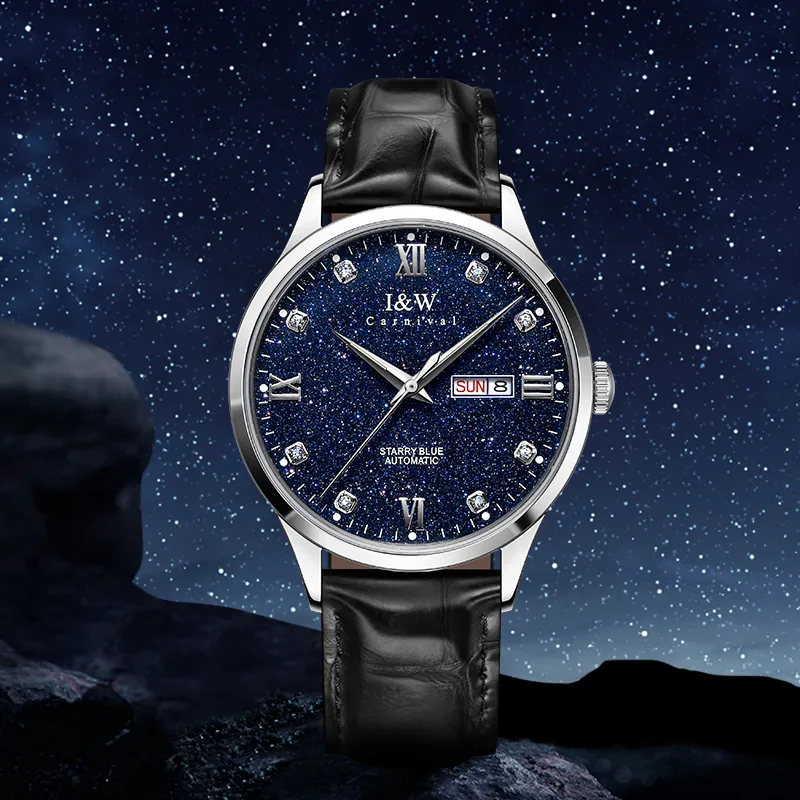 I&W CARNIVAL HWGUOJI Automatic Mechanical Movement Cowhide Strap Watch Men's Watches Blue Dial-11