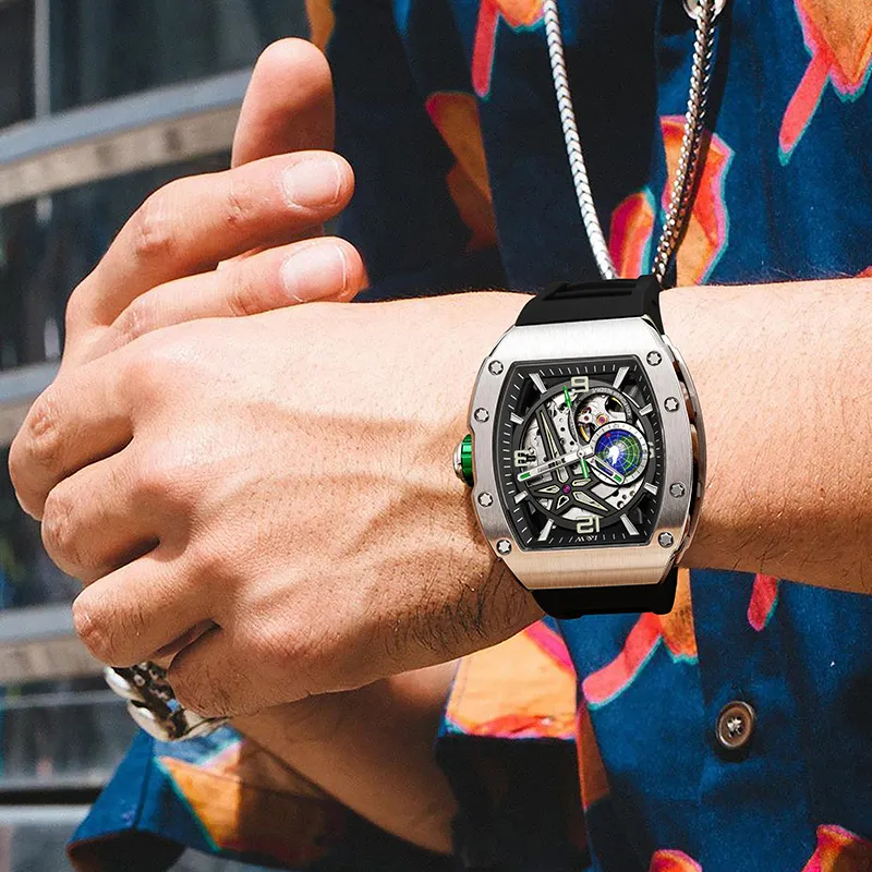 I&W CARNIVAL HWGUOJI Green Planet Automatic Mechanical Movement Rubber Strap Watch Men's Watches Black Dial-1