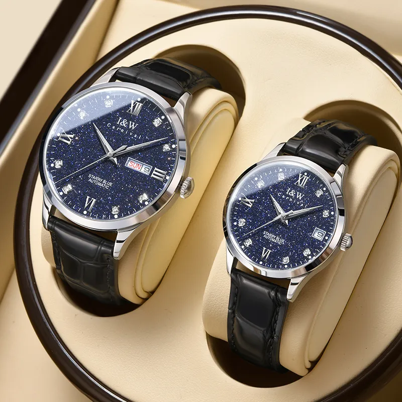 I&W CARNIVAL HWGUOJI Automatic Mechanical Movement Cowhide Strap Watch Men's Watches Blue Dial-5