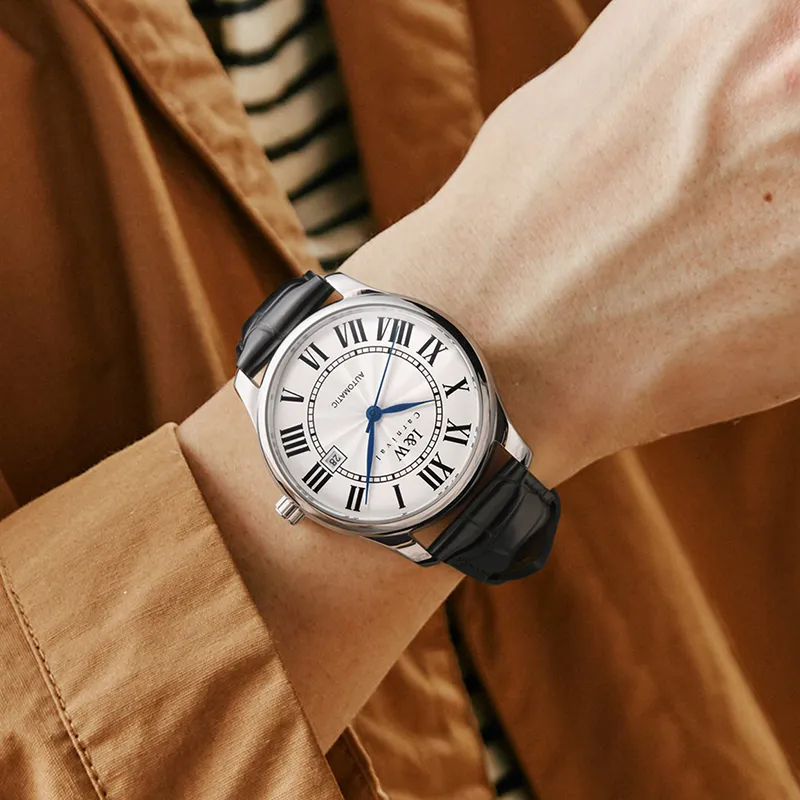 I&W CARNIVAL HWGUOJI Automatic Mechanical Movement Genuine Leather Strap Watch Unisex White Dial-2