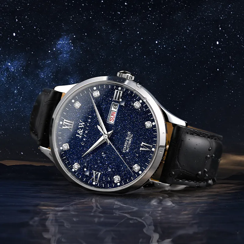 I&W CARNIVAL HWGUOJI Automatic Mechanical Movement Cowhide Strap Watch Men's Watches Blue Dial-13