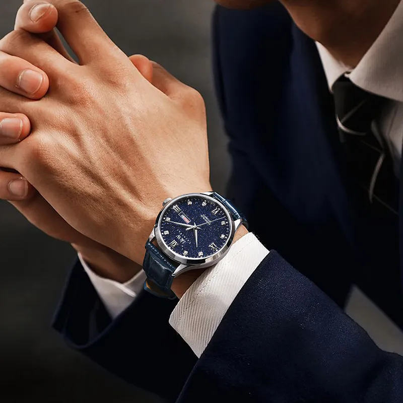 I&W CARNIVAL HWGUOJI Automatic Mechanical Movement Cowhide Strap Watch Men's Watches Blue Dial-3