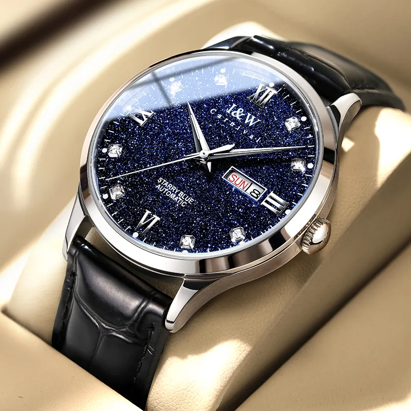 I&W CARNIVAL HWGUOJI Automatic Mechanical Movement Cowhide Strap Watch Men's Watches Blue Dial-9