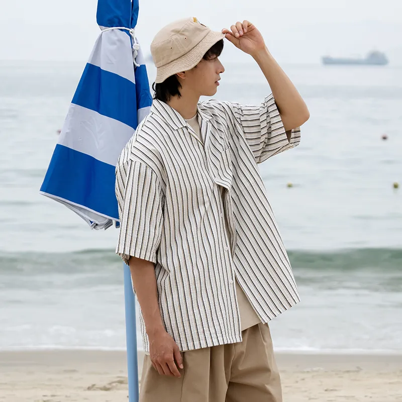 URBAN STANDARD Shirt Men's Beige Coffee Stripes-5