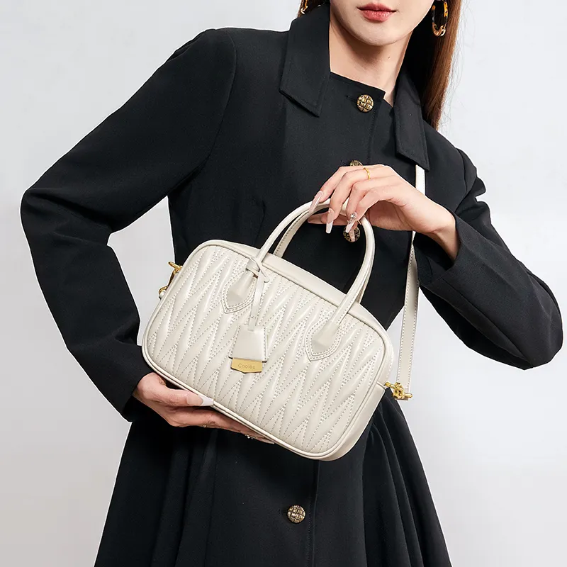CNOLES Cow Leather Bowling Bag, Handbag Regular Women's Ecru/Black-4