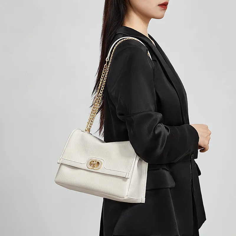 CNOLES Waxed Leather Shoulder Bag, Crossbody Bag Large Size Small Size Women's Cream White/Midnight Black-5