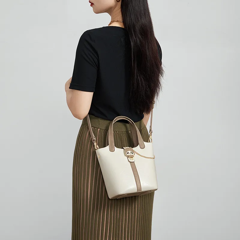 CNOLES Cow Leather Handbag Bucket Bag Shoulder Bag Crossbody Bag Regular Women's Cream White-6