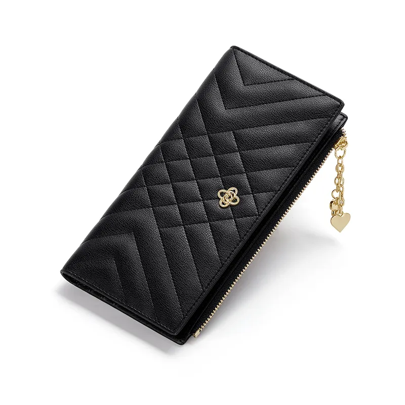 CNOLES Cow Leather Clutches Card Holder Wallet Women's Black-2