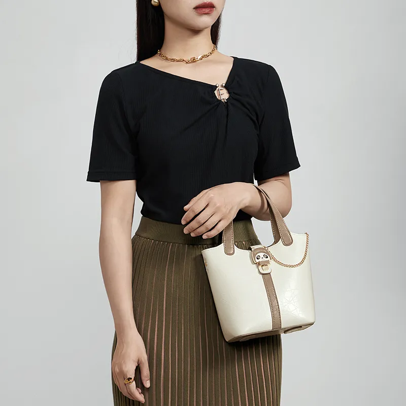 CNOLES Cow Leather Handbag Bucket Bag Shoulder Bag Crossbody Bag Regular Women's Cream White-5
