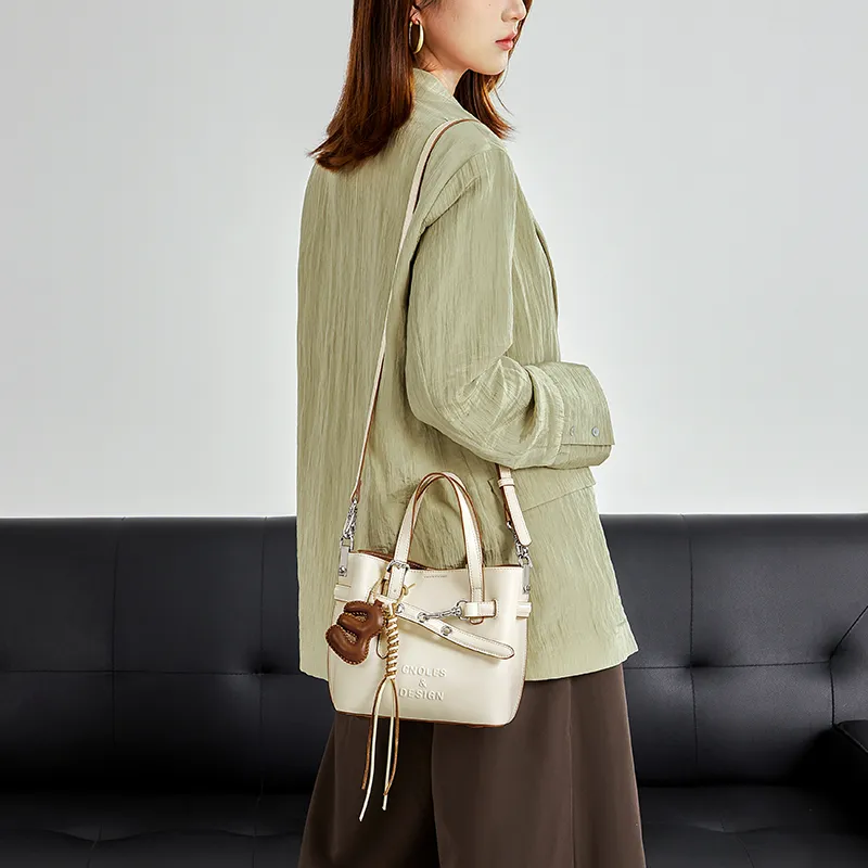 CNOLES Cow Leather Handbag, Shoulder Bag, Crossbody Bag Regular Women's Cream White-6