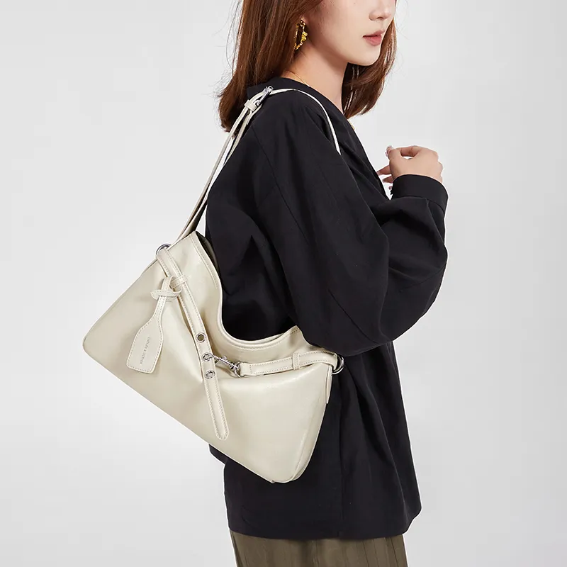 CNOLES Cow Leather Tote Shoulder Bag, Crossbody Bag Regular Women's Cream White-3