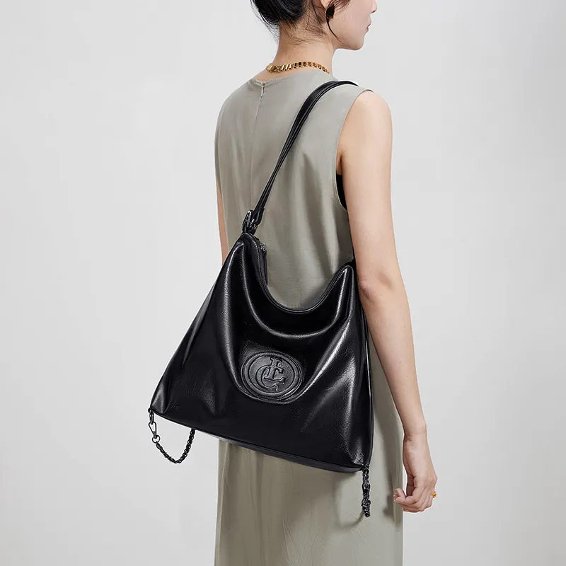 CNOLES Polyurethane Soft Leather Commute Bag Hobo Bag Shoulder Bag Medium Size Women's Black-1