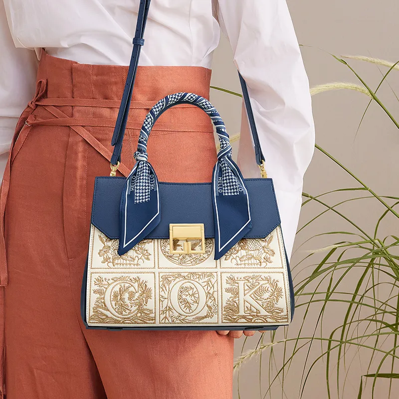 CNOLES Cow Leather Handbag, Shoulder Bag, Crossbody Bag Medium Size Women's Apricot Blue-4