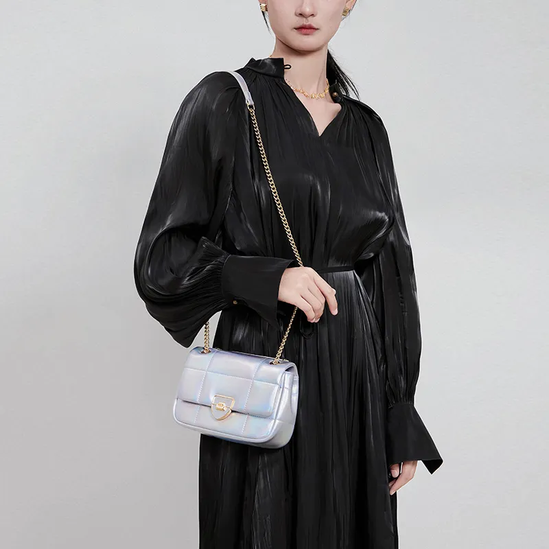 CNOLES Cow Leather Handbag, Shoulder Bag, Crossbody Bag, Small Square Bag Regular Women's Shimmering Silver-5