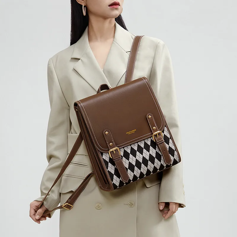 CNOLES Cow Leather Backpack Women's Mousse Brown Plaid/Mousse Black Plaid-6