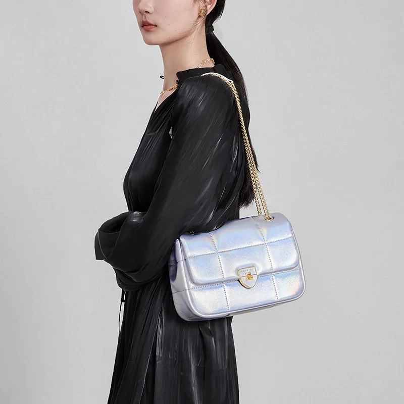 CNOLES Cow Leather Handbag, Shoulder Bag, Crossbody Bag, Small Square Bag Regular Women's Shimmering Silver-1