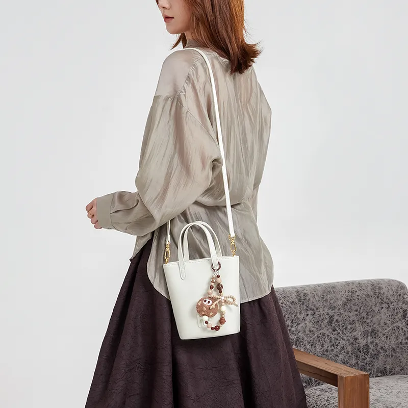 CNOLES Cow Leather Handbag, Shoulder Bag, Crossbody Bag Regular Women's Cream White-6