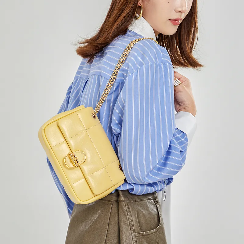 CNOLES Cow Leather Shoulder Bag, Underarm Crossbody Bag Trumpets Women's Egg White Yellow-1