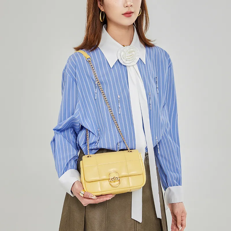 CNOLES Cow Leather Shoulder Bag, Underarm Crossbody Bag Trumpets Women's Egg White Yellow-2