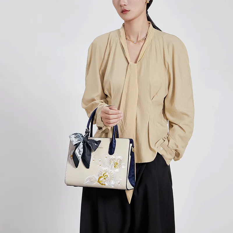 CNOLES Cow Leather One Shoulder Handbag Women's Beige White & Blue-11