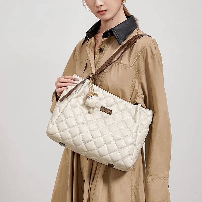 CNOLES Microfiber Handbag, Shoulder Bag Tubas Women's Cream Brown Coffee-1
