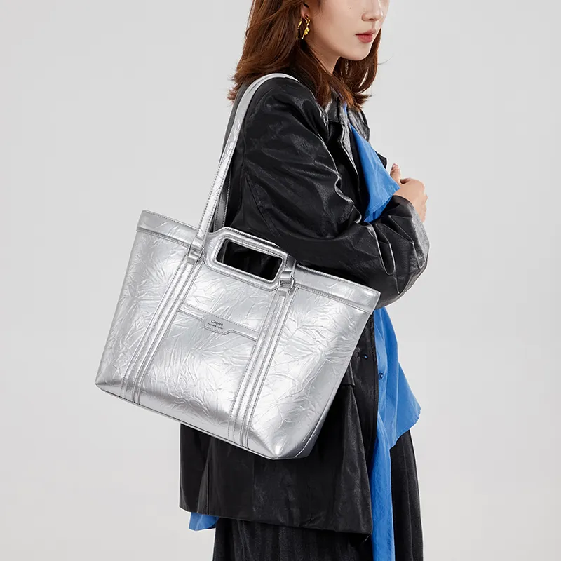 CNOLES PU Tote Bag, Shopping Bag, Shoulder Bag Regular Women's Silver-4