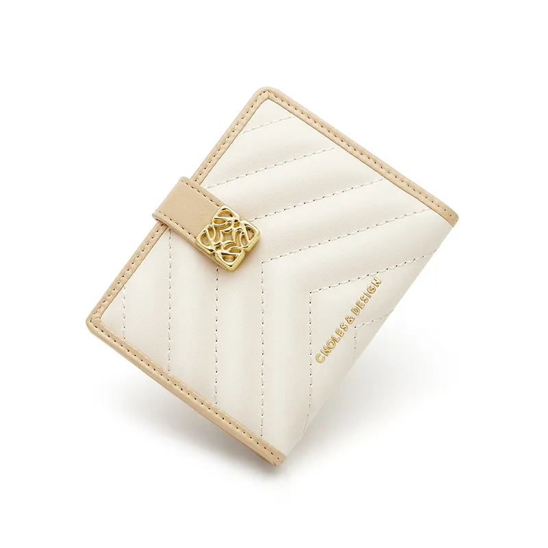 CNOLES Split Cow Leather With Synthetic Leather Wallet, Card Holder Regular Women's Apricot White-3