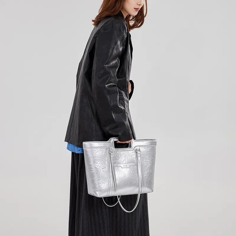 CNOLES PU Tote Bag, Shopping Bag, Shoulder Bag Regular Women's Silver-6