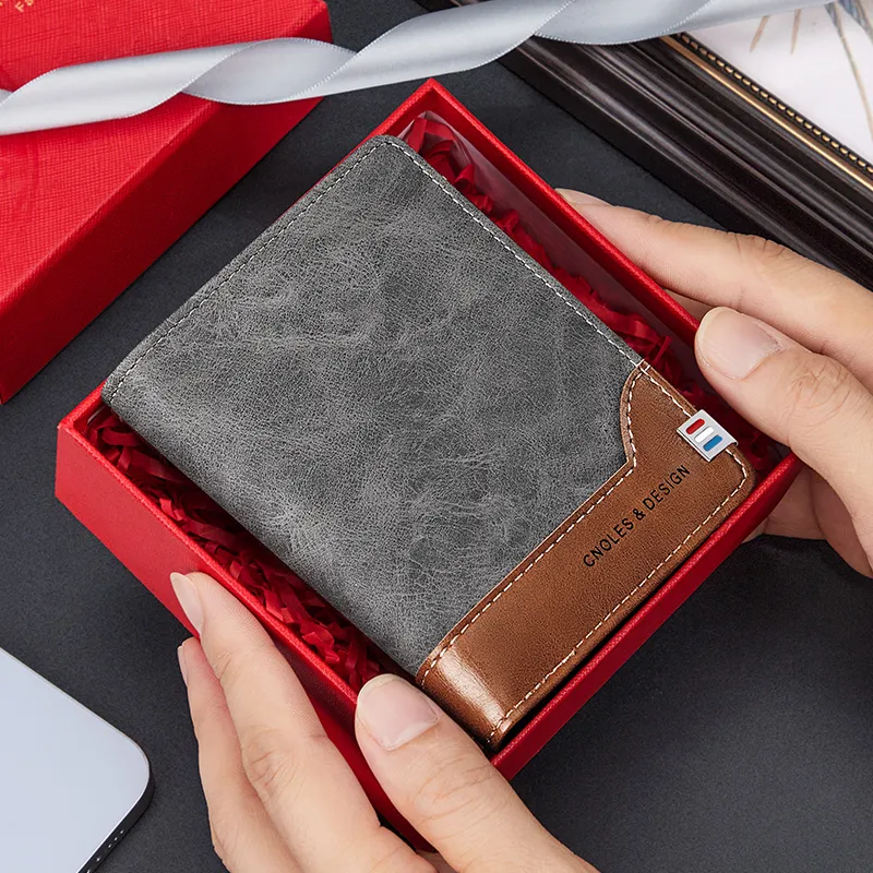 CNOLES Synthetic Leather Wallets Card Holders Small Size Men's Iridescent Gray Coffee-4