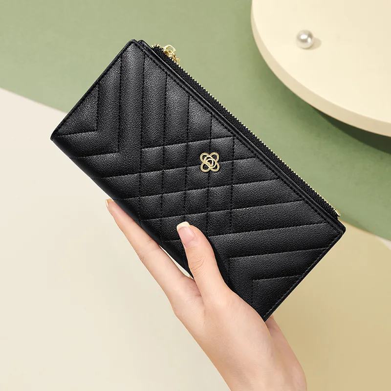CNOLES Cow Leather Clutches Card Holder Wallet Women's Black-4