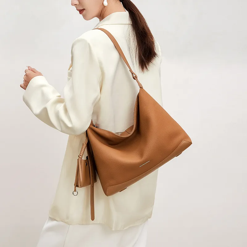 CNOLES Top Grain Cow Leather Hobo Bag Shoulder Bag Women's Black/Yellow Brown-10