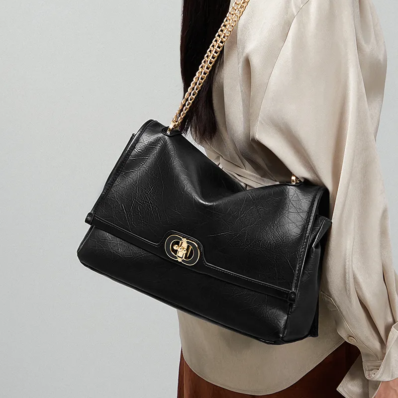 CNOLES Waxed Leather Shoulder Bag, Crossbody Bag Large Size Small Size Women's Cream White/Midnight Black-9