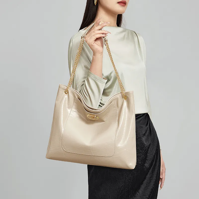 CNOLES Shiny PU Leather Shoulder Bag Tote Women's Black-11