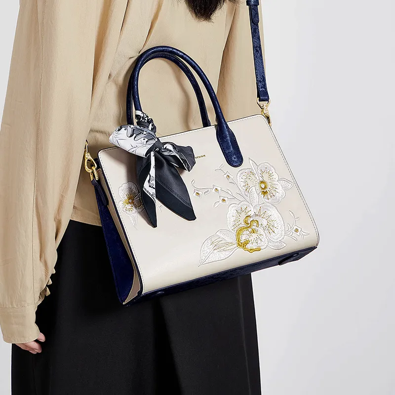 CNOLES Cow Leather One Shoulder Handbag Women's Beige White & Blue-12