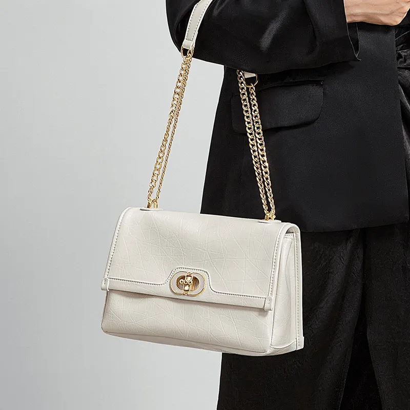 CNOLES Waxed Leather Shoulder Bag, Crossbody Bag Large Size Small Size Women's Cream White/Midnight Black-6