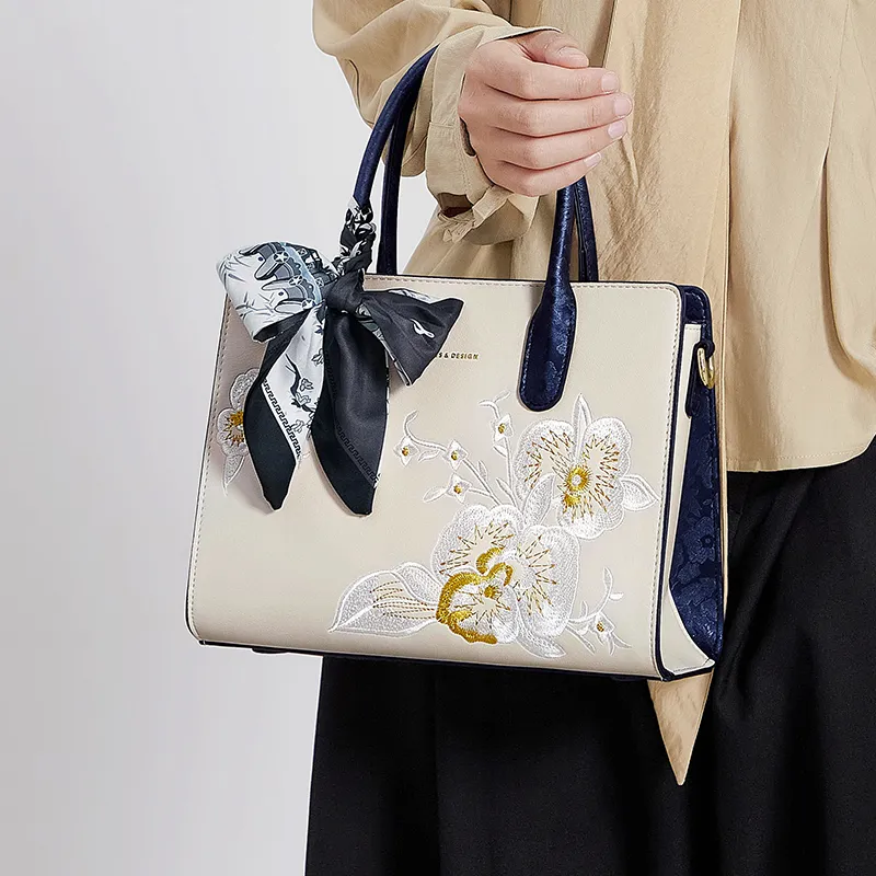 CNOLES Cow Leather One Shoulder Handbag Women's Beige White & Blue-6
