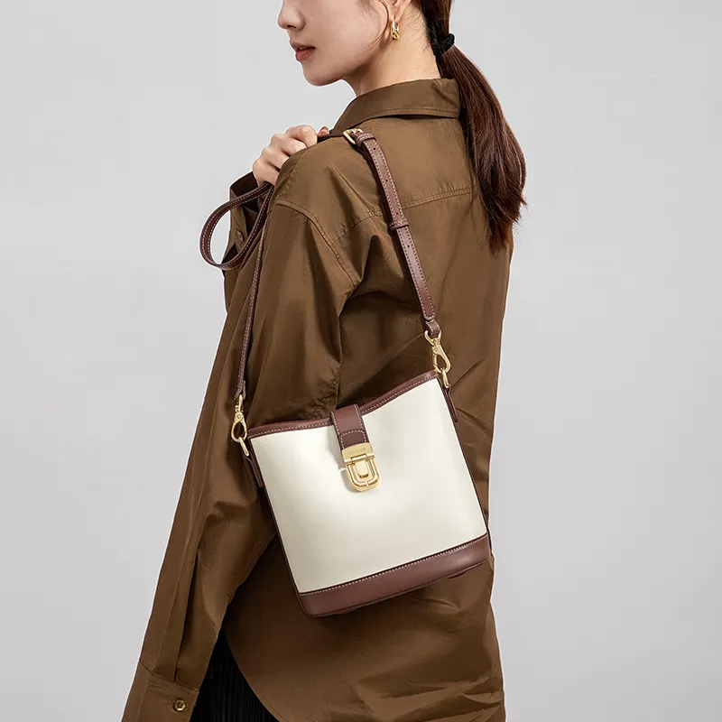 CNOLES Cow Leather Shoulder Bag, Crossbody Bag Women's Italian Milk Coffee-5