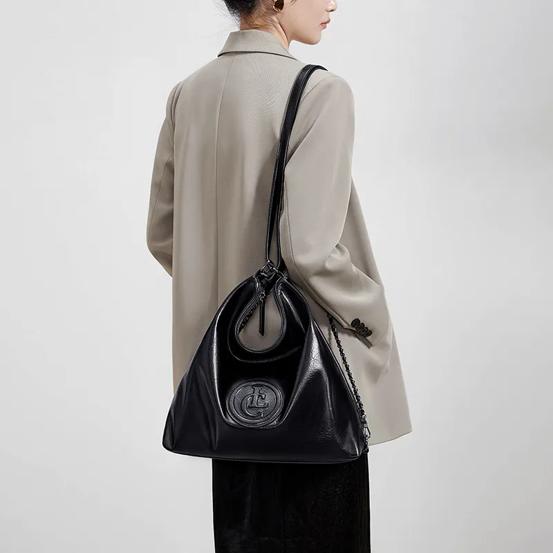 CNOLES Polyurethane Soft Leather Commute Bag Hobo Bag Shoulder Bag Medium Size Women's Black-3