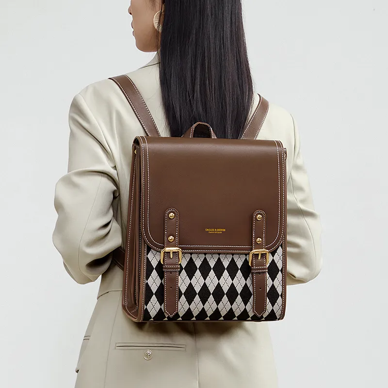 CNOLES Cow Leather Backpack Women's Mousse Brown Plaid/Mousse Black Plaid-5