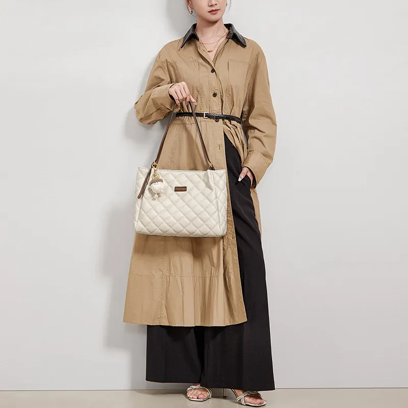 CNOLES Microfiber Handbag, Shoulder Bag Tubas Women's Cream Brown Coffee-3