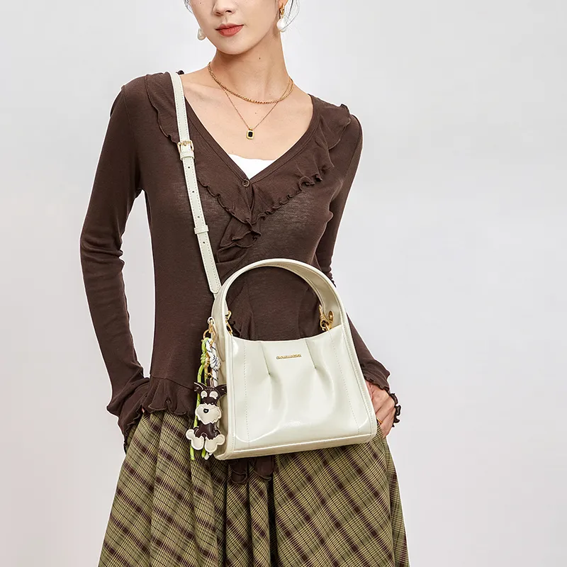 CNOLES Cow Leather Handbag Women's Cream White-4