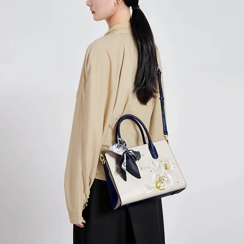 CNOLES Cow Leather One Shoulder Handbag Women's Beige White & Blue-14
