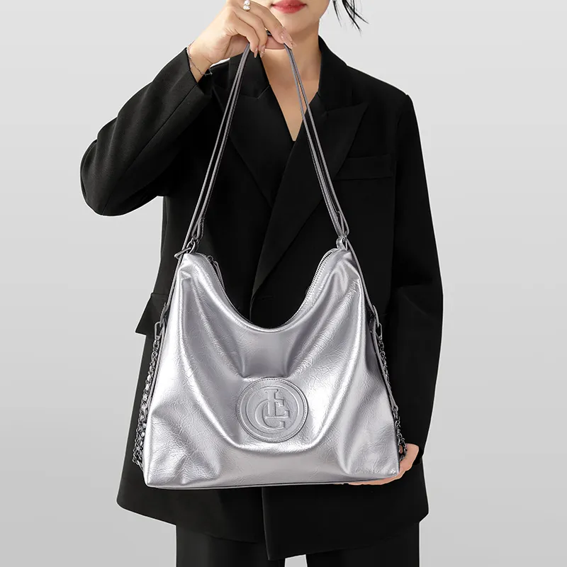 CNOLES Polyurethane Soft Leather Commute Bag Hobo Bag Shoulder Bag Medium Size Women's Black-8