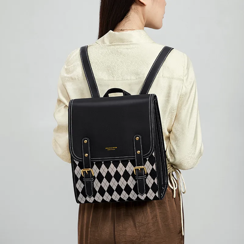 CNOLES Cow Leather Backpack Women's Mousse Brown Plaid/Mousse Black Plaid-12